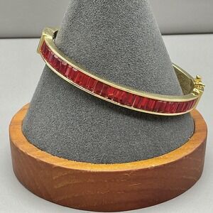 Talbots Bracelet Gold Tone Red Glass Baguette Bangle Womens‎ Fashion Jewelry 7"